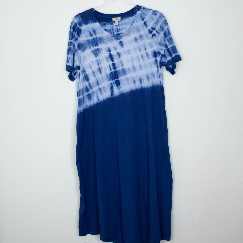 LOGO Lori Goldstein Tie Dye Maxi Dress Blue V Neck Size S Short Sleeve Lagenlook